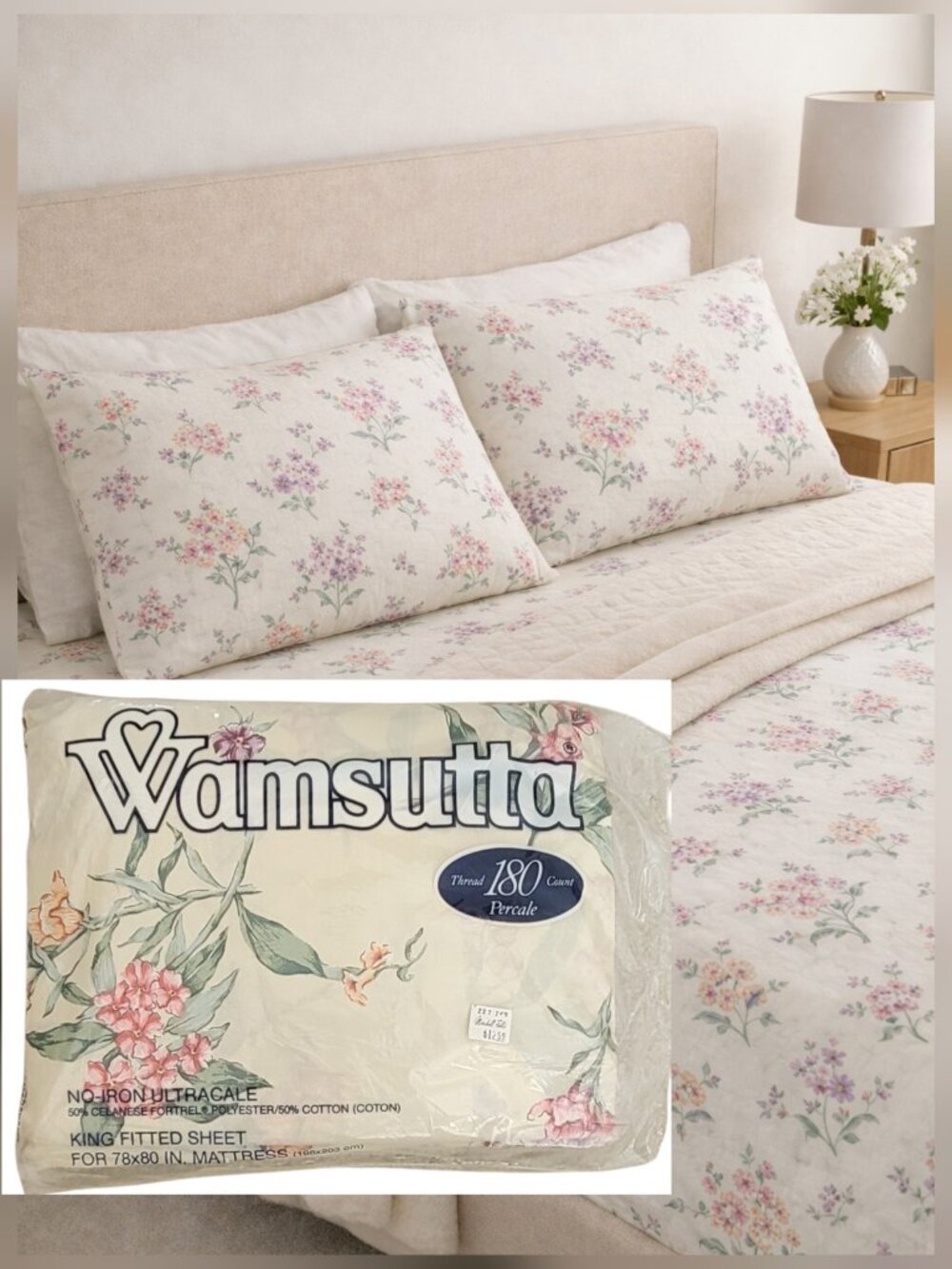 Vintage Wamsutta No-Iron Percale King Fitted Sheet NOS Floral Open Package